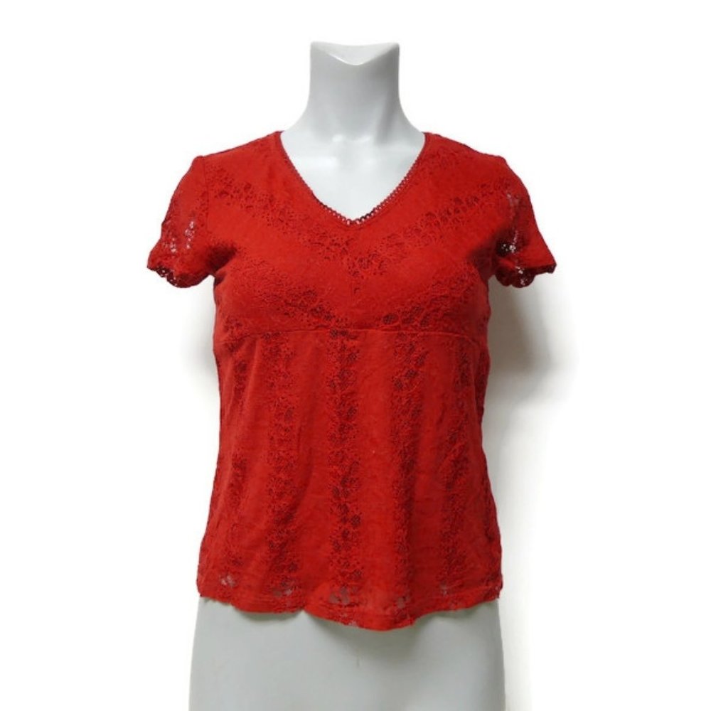 Y2k b.i.y.a.y.c.s.d.a. red stretchy lacy top